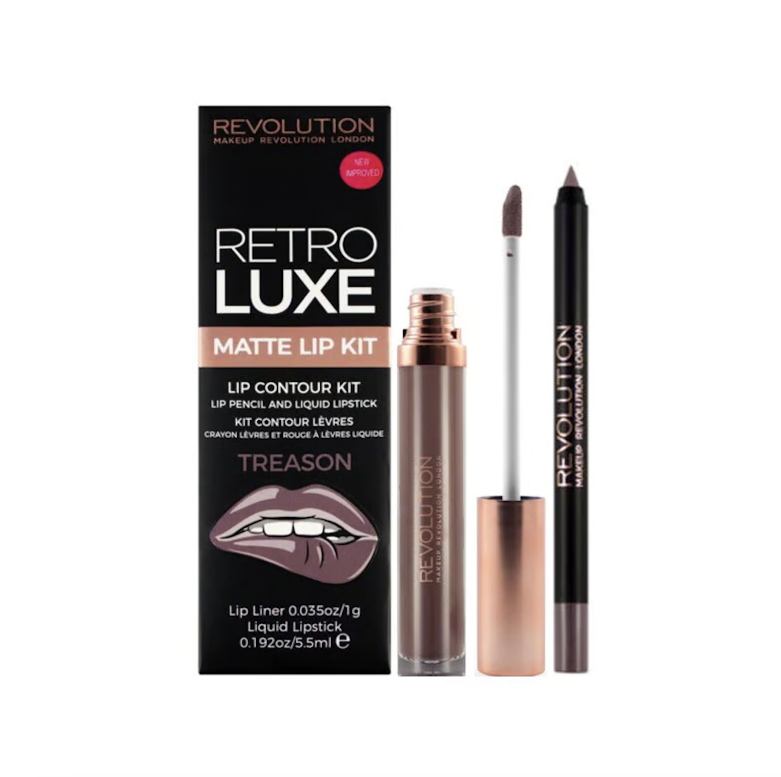 Revolution Retro Luxe Lip Contour Kit - Matte Lip Kit: Lip Pencil &amp; Liquid Lipstick - Treason | Lip Pencil &amp; Liquid Lipstick Kit